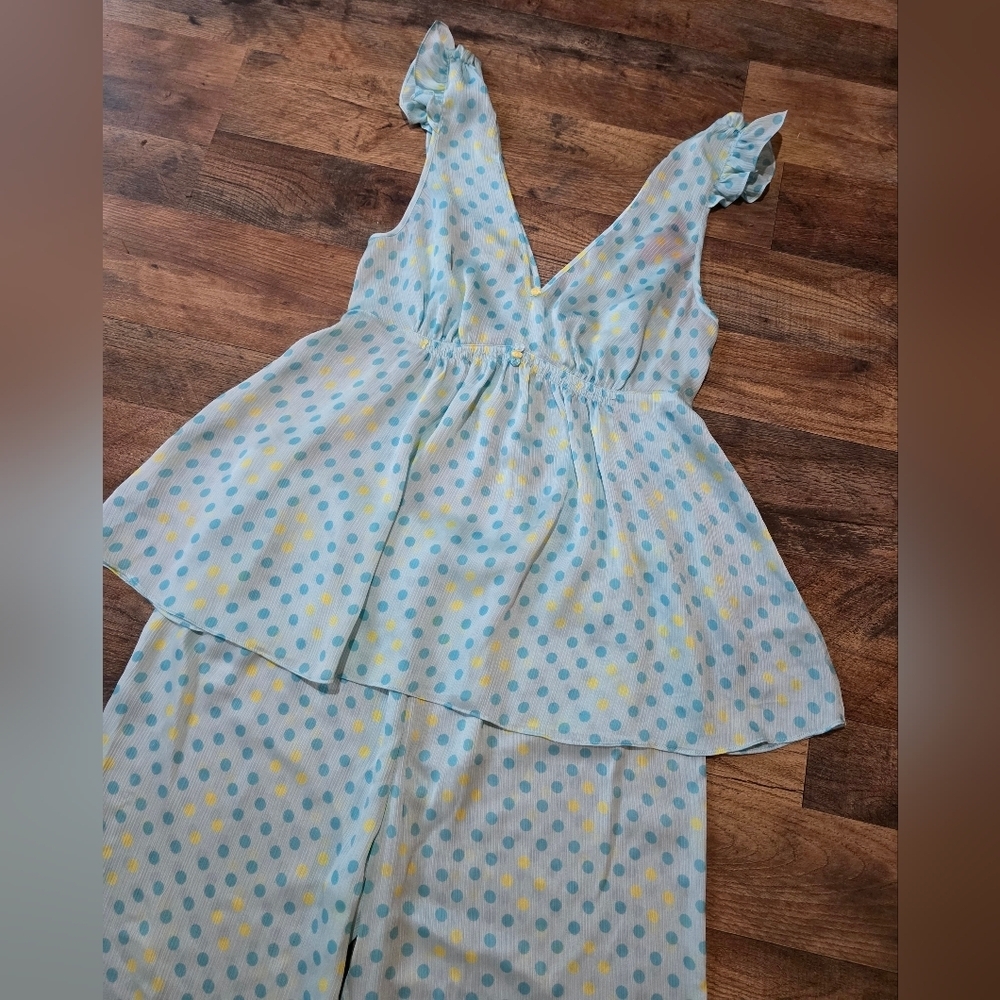 Vintage 90's Betsy Johnson Intimates Blue & Yellow Polka Dot 2-Piece Set Size L - Picture 2 of 9